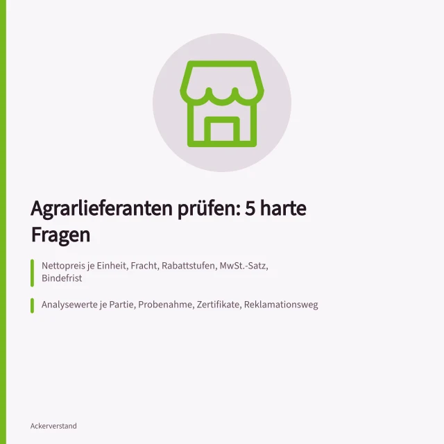 Karte zu fünf Prüffragen für Agrarlieferanten: Preis, Qualität, Lieferung. Agrarlieferanten Auswahl: 5 Fragen an jeden Anbieter